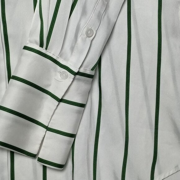 Nine West Green White Striped Women Top Raglan Cuff Sleeve Side Button Collared - Picture 9 of 9